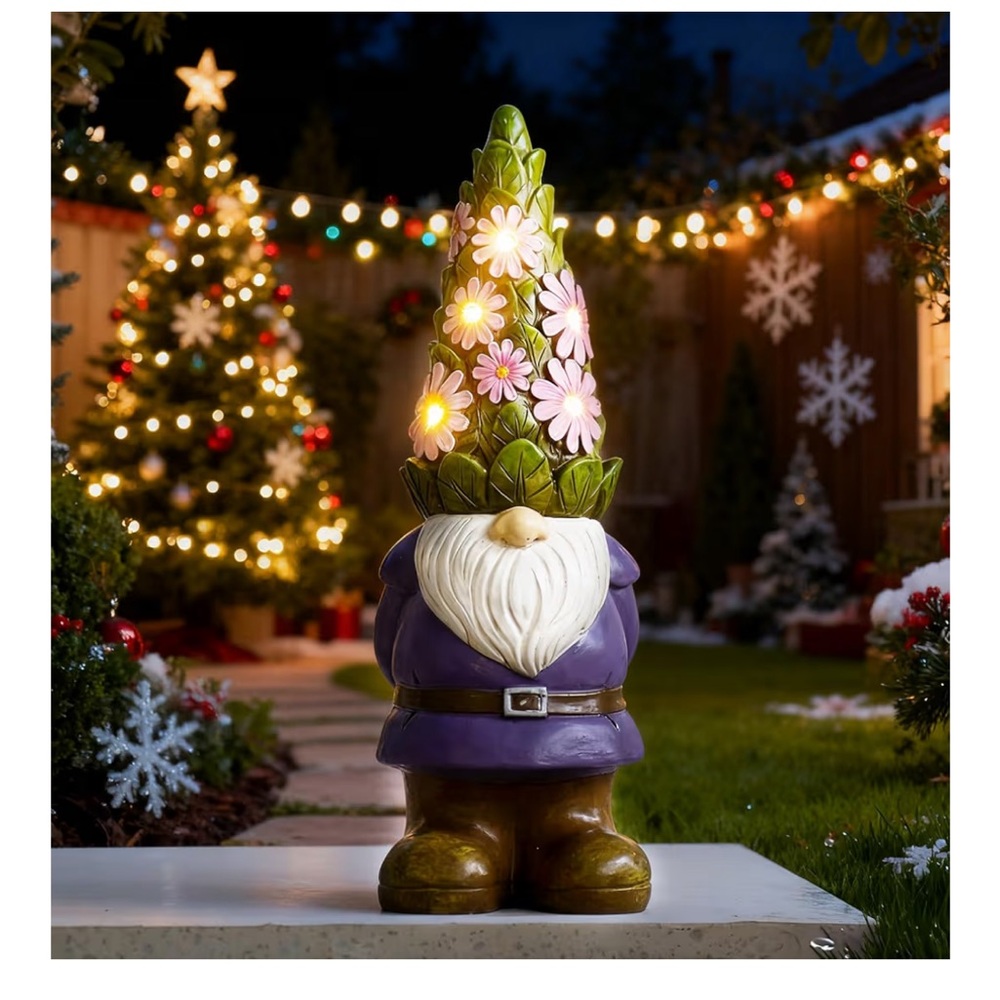 Garden Outdoor Statues Gnome with Succulent and 7 LED Lights - Picture 6 of 8